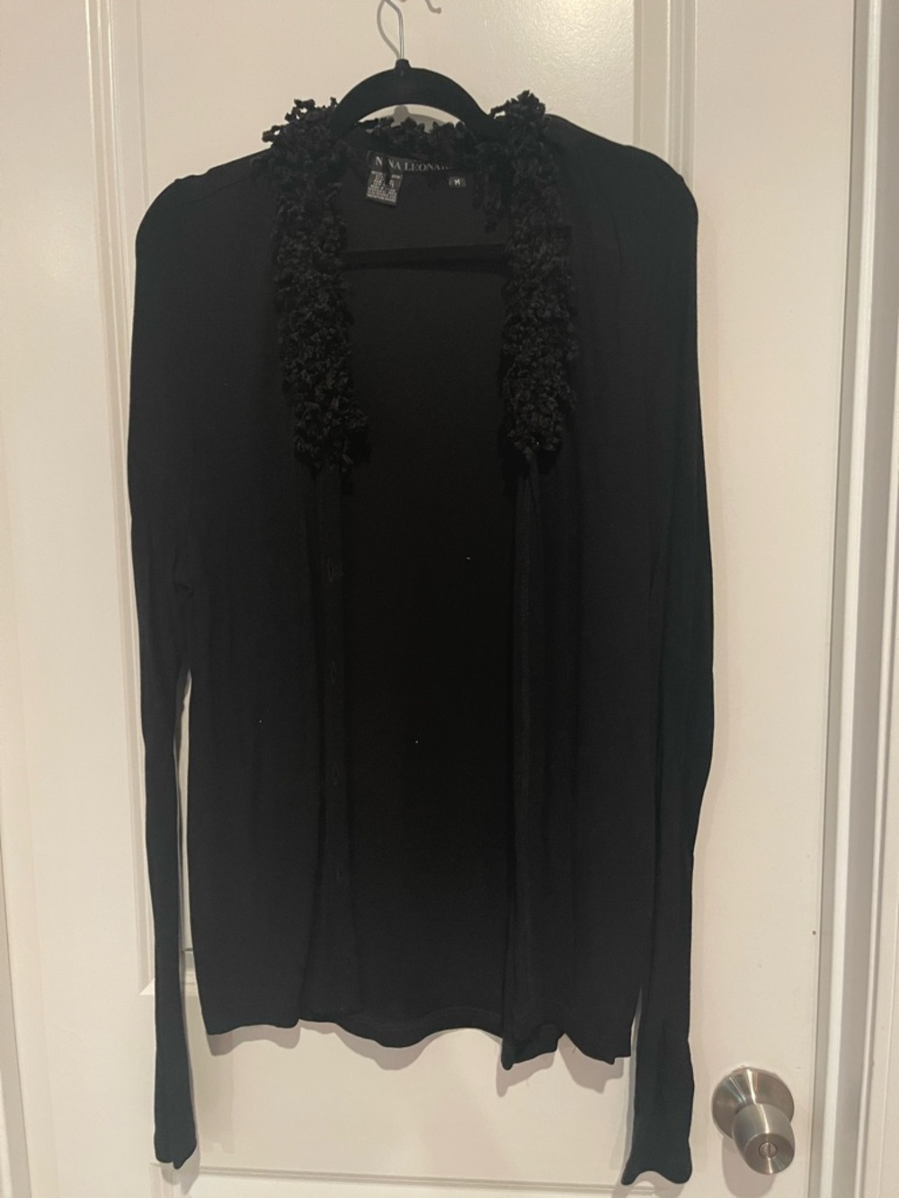 Nina Leonard Black Open-Front Cardigan with Textured Trim